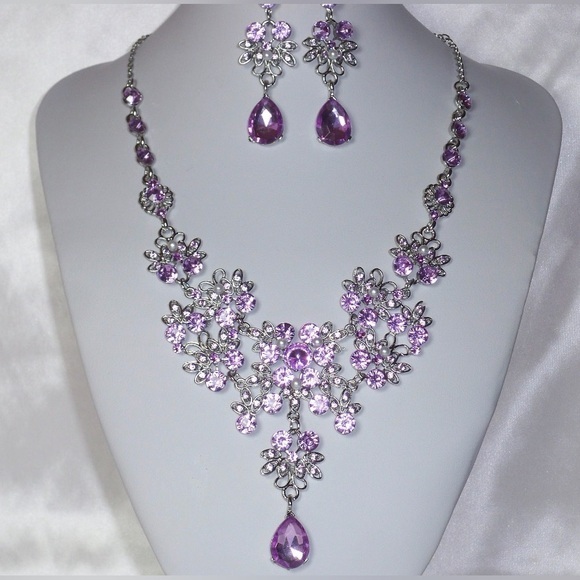 Purple Rhinestone Necklace Earrings Set Wedding Bridal Prom Pageant Quinceanera - Picture 1 of 4